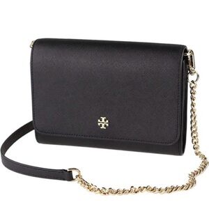 Tory Burch Black Saffiano Leather Chain Crossbody Wallet Bag Purse